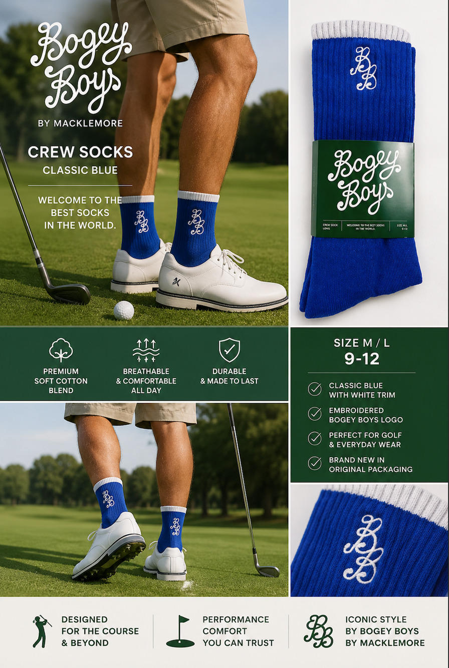 Bogey Boys by Macklemore Crew Socks Classic Blue Men's M/L 9-12 Golf NIP
